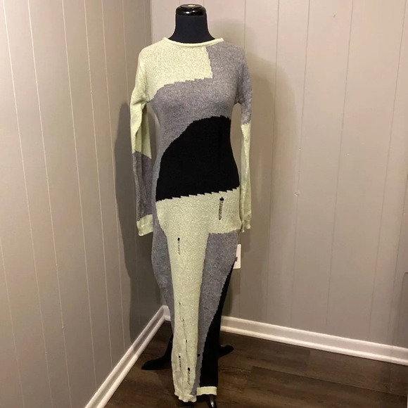 Kollyy Large Green/black/grey Colorblock Knit Distressed Slit Maxi Dress - Picture 4 of 13